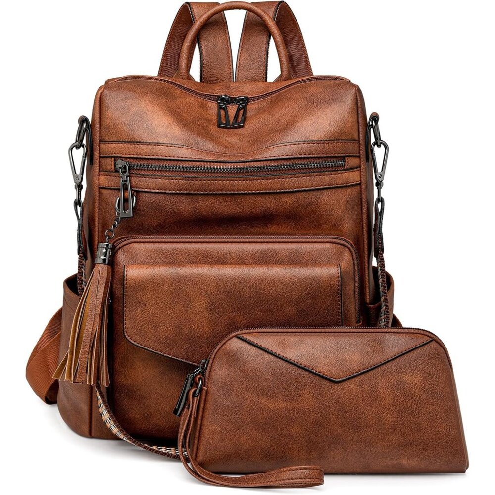 Chic Brown Leather Multi-Functional Backpack & Sh… - image 1